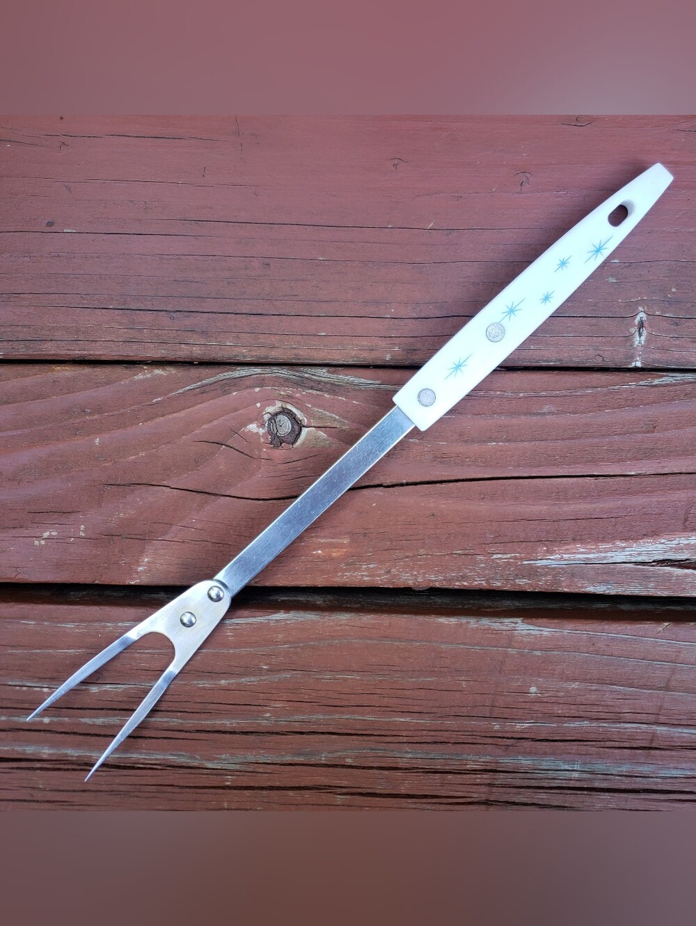 Vintage MCM Atomic Starburst Stars Kitchen Stainless Serving Fork - USA